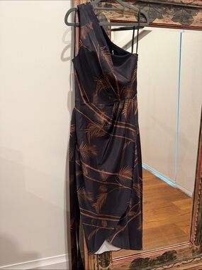 Ted Baker One-Shoulder Black Dress with Copper Leaf Print